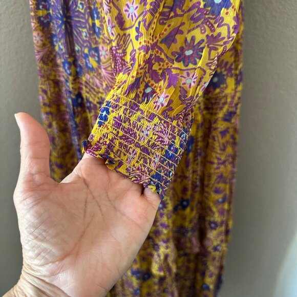 Anthropologie Slip Chiffon Maxi Dress Dorset Button Ruffle Tassel Smocked Gold S - Picture 7 of 15
